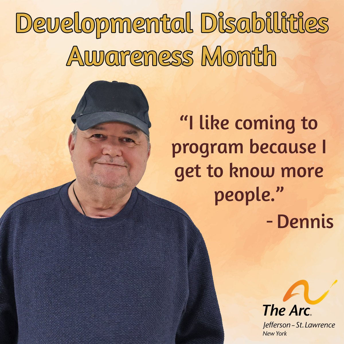 TheArcJSLC's tweet image. Developmental Disabilities Month and is dedicated to recognizing people with developmental disabilities, like Dennis, who cherish community participation and inclusion. Visit arcny.quorum.us/campaign/153861 to tell state leaders to #InvestInUs. #TheArcJSLC #DDAM2026