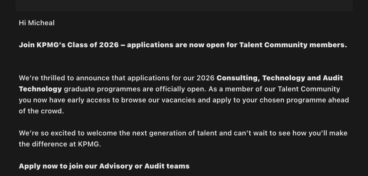 ireteeh's tweet photo. A certain Michael used my email address to subscribe to KPMG careers page. Anyway, if you’re interested in KPMG UK graduate program, here is the link to apply 👇🏾

https://t.co/sm0NIHYcyO https://t.co/EVHdAyLRaE
