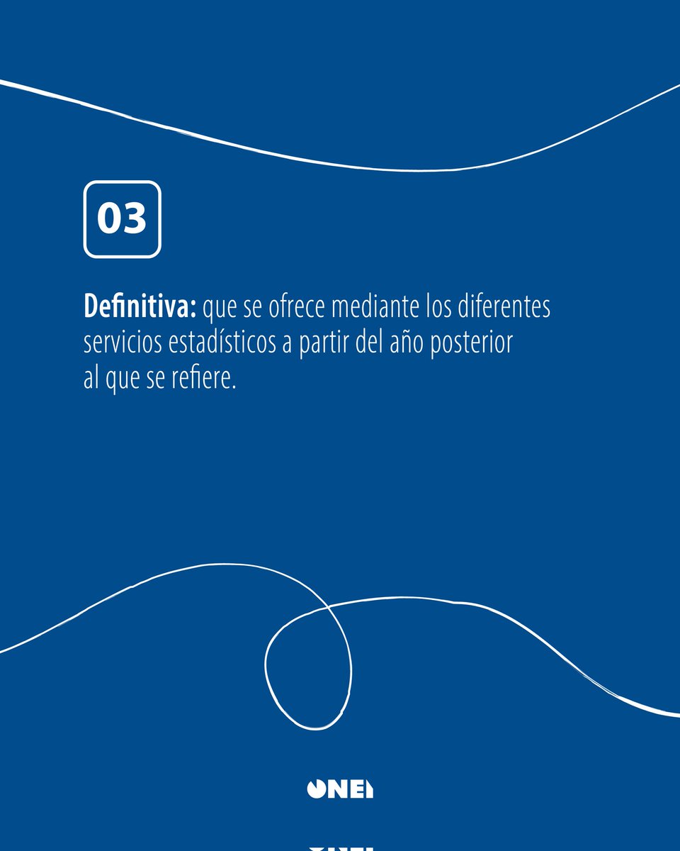 ONEI | 🤔 ¿Sabías que las estadísticas oficiales tienen tres clasificaciones? Según el grado de completamiento y actualización de los datos que la componen y el período al que hacen referencia, se clasifican en estimada, preliminar y definitiva. 

🧵1/2👇