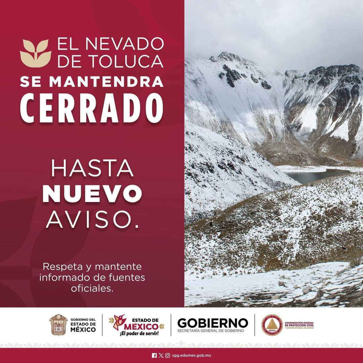 Wendymg10's tweet photo. *⚠️ Cierre del Nevado de Toluca ⚠️*

El acceso al Nevado de Toluca permanece *CERRADO* debido a condiciones climáticas adversas:

- Neblina densa
- Temperaturas bajo cero
- Vientos fuertes
- Senderos congelados y resbalosos

#chismososdelazonasur
#Toluca
#nevadodetoluca https://t.co/8OdFJ0UY0C