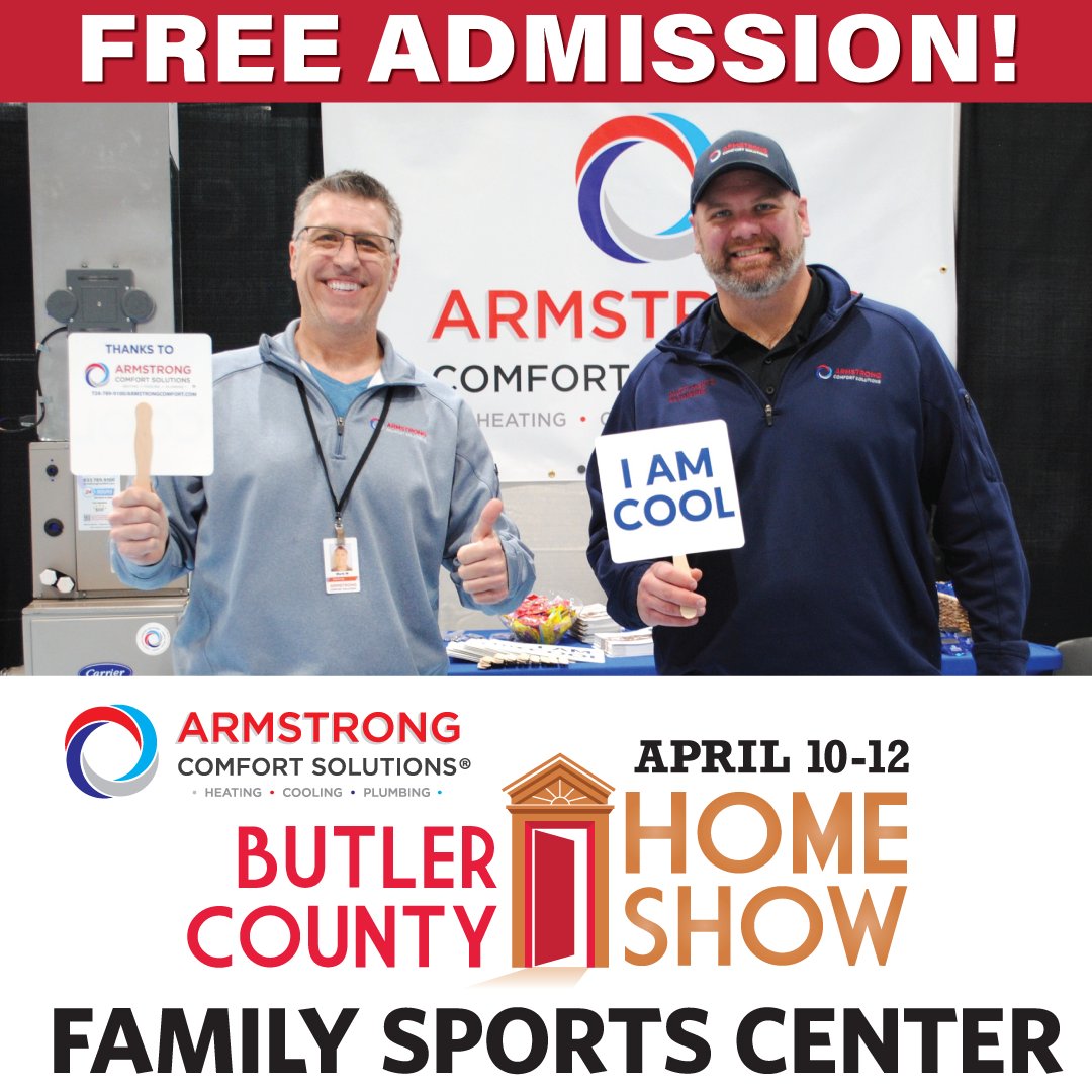 ArmstrongHVAC's tweet photo. Plan ahead!

Next weekend is the Butler County Home Show — Presented by Armstrong Comfort Solutions.

Stop by our booth and let us know what your home renovation plans are for this spring! We can help with anything Cooling, Heating, Plumbing or Electrical! https://t.co/UVfTpIPjVA