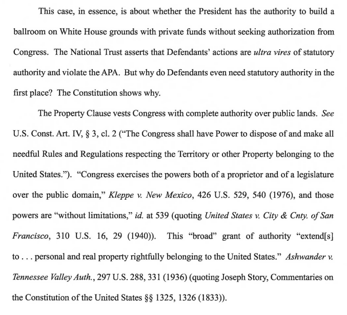 OrinKerr's tweet image. The Constitution gives Congress authority over federal land, so a President can't construct a new White House ballroom with private funds without Congress's ok, Judge Leon holds.  Order to stop construction paused so DOJ can appeal.  (h/t @ZoeTillman)
storage.courtlistener.com/recap/gov.usco…