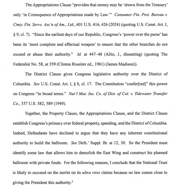 OrinKerr's tweet image. The Constitution gives Congress authority over federal land, so a President can't construct a new White House ballroom with private funds without Congress's ok, Judge Leon holds.  Order to stop construction paused so DOJ can appeal.  (h/t @ZoeTillman)
storage.courtlistener.com/recap/gov.usco…