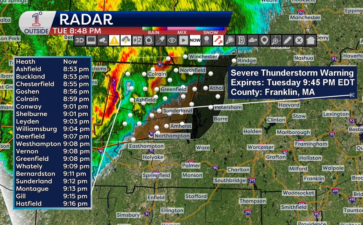 1DegreeOutside's tweet image. Severe thunderstorm WARNING extended east for this same line, heading east - gusts to 60 mph possible (recorded gust of 51 in Pittsfield as it blew through) &amp;amp; quarter size hail. Towns/times of arrival #severeweather #mawx