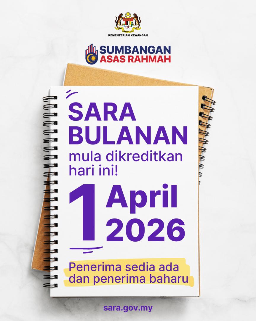 MOFmalaysia's tweet photo. Hari ini, 1 April 2026 ❤️ 
SARA Bulanan dikreditkan untuk semua penerima termasuk 200,000 penerima baharu! 🎉

Ingin semak kredit SARA Bulanan anda? Mudah saje.
🔗 https://t.co/elLfpSjqyX
📱Aplikasi MyKasih https://t.co/dddhXPudnT