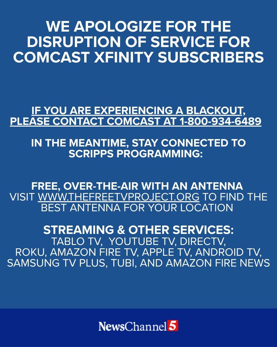 NC5's tweet photo. To all of our Comcast Xfinity subscribers: https://t.co/DUx9QXI4mx