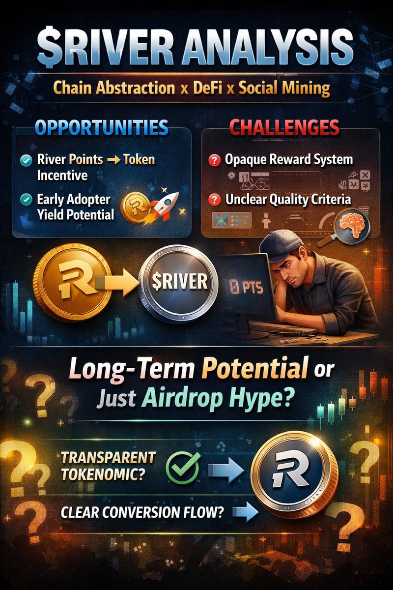 GM CT

$RIVER is gaining attention thanks to a strong “on-trend” narrative, combining chain abstraction with DeFi and social mining. One key strength is the River Points mechanism, which incentivizes early users by turning social activity into a form of indirect yield.

However,