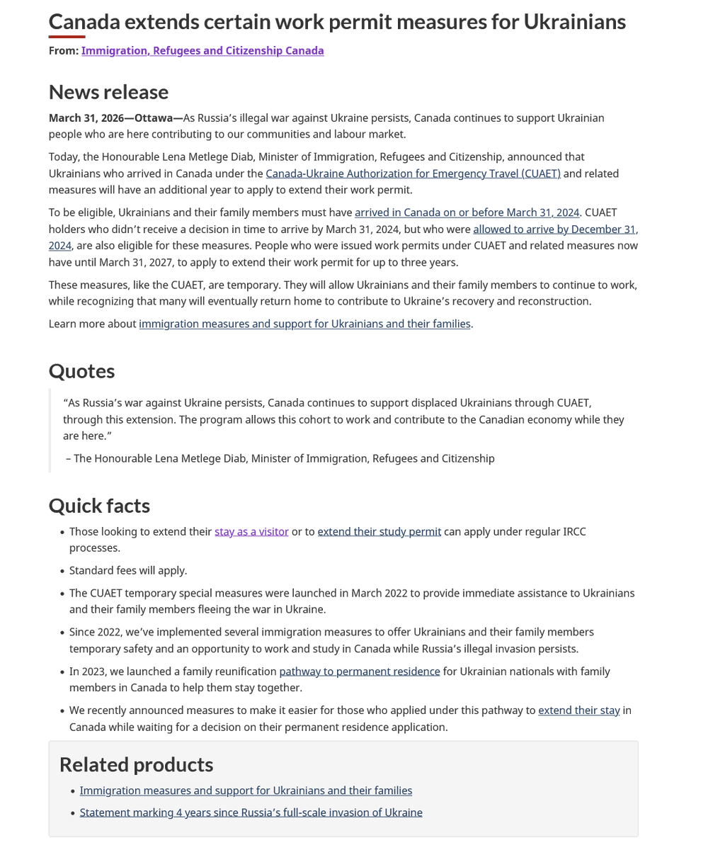 TTRRMK's tweet image. Canada extends certain work permit measures for Ukrainians canada.ca/en/immigration… #cndimm #WorkPermit