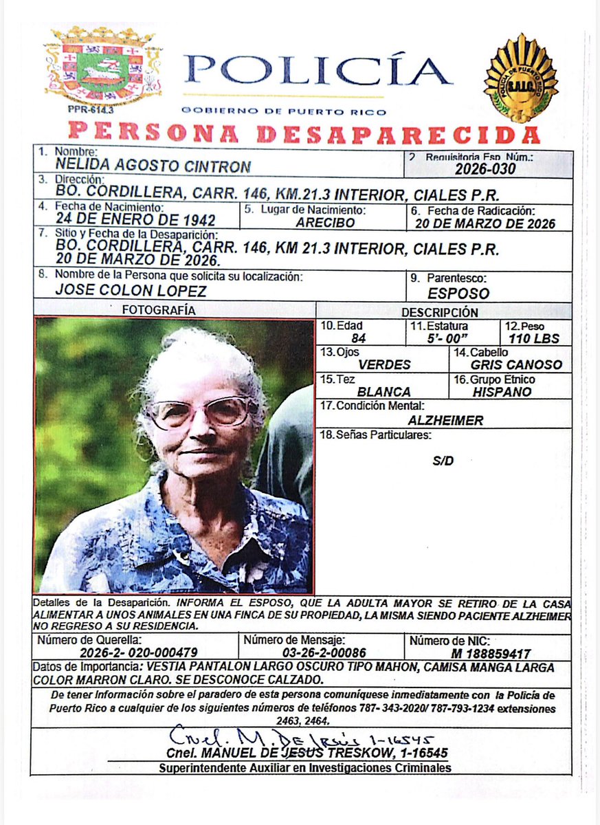 nestorduprey's tweet photo. ⚠️ Alerta Silver!!!! Aun sigue desaparecida la catedrática retirada de la UPR y destacada activista ambientalista Prof. Nelida Agosto. Cualquier información pueden comunicarse al 911. https://t.co/FQjYHbYOp1