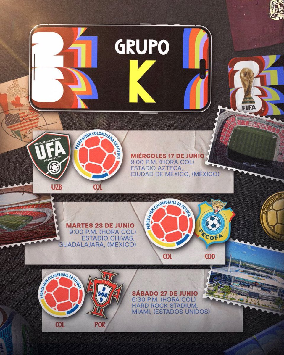 nicocadena_'s tweet image. 🗓️ CALENDARIO DE COLOMBIA EN EL MUNDIAL 2026 🏆

🗓️ 17 de junio
⌚️ 9:00 p.m. (Hora COL)
🏟️ Estadio Azteca, CDMX 🇲🇽
🆚 #Uzbekistan 🇺🇿

🗓️ 23 de junio
⌚️ 9:00 p.m. (Hora COL)
🏟️ Estadio Akron, Guadalajara 🇲🇽
🆚 #RDCongo 🇨🇩

🗓️ 27 de junio
⌚️ 6:30 p.m. (Hora COL)
🏟️ Hard Rock