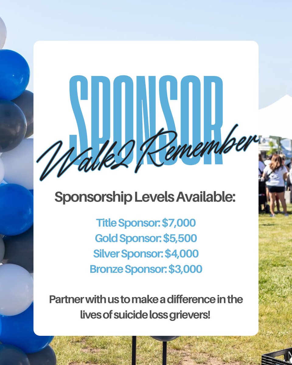 Heartache2H's tweet photo. Sponsor Our Annual Walk2Remember! 🩵

By becoming a sponsor, you align with a deeply meaningful cause while gaining visibility, public recognition, and direct impact in supporting suicide loss grievers.

Please contact Kirsten at development@heartache2hope.com if interested! https://t.co/cpKf4vN1pi