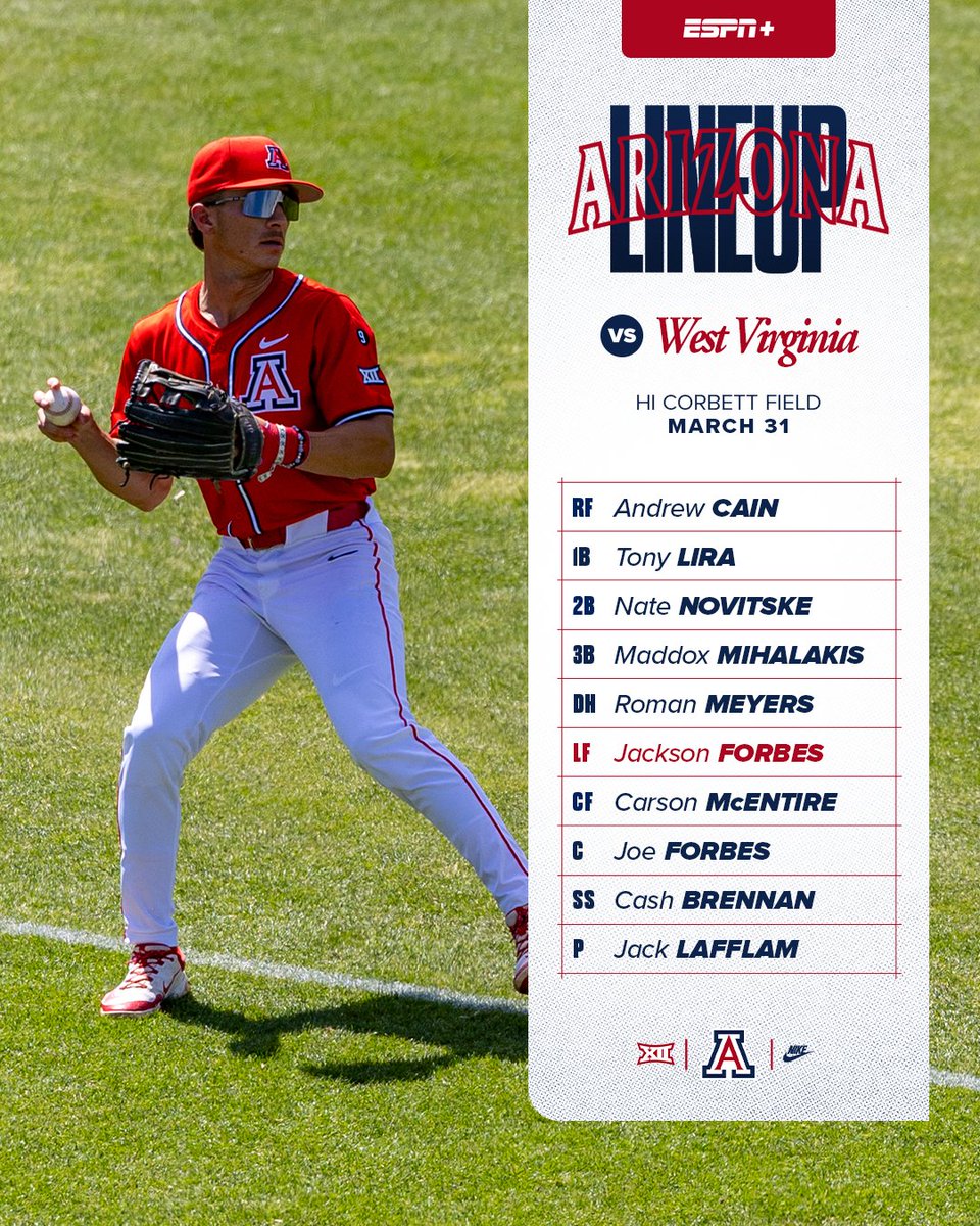 ArizonaBaseball's tweet photo. Game 28 starting lineup 📝

📺 | ESPN+
📊 | https://t.co/Pj1wxv7uNz https://t.co/4hs7JoTerA