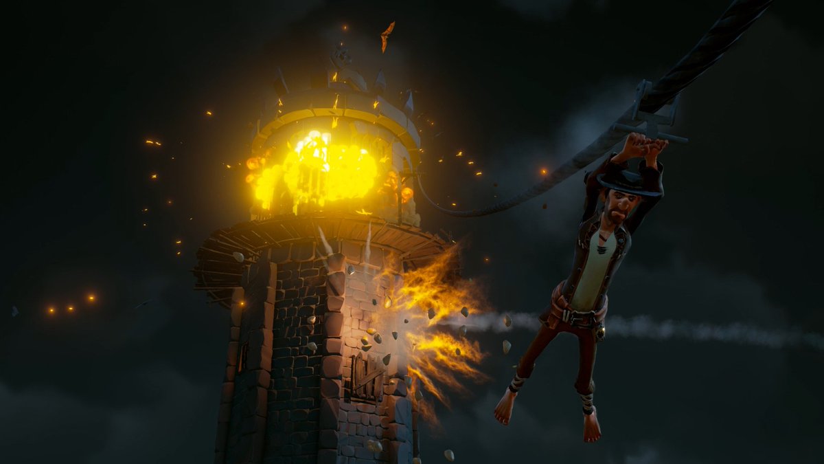 Lfuet_'s tweet photo. This pirate exploded the watchtower from within, so it started to collapse. He  escaped the garrison in a sneaky way.

#SoTShot Theme: Ashen Garrisons
#SeaOfThieves @SeaOfThieves https://t.co/DUHtbsU5Pl