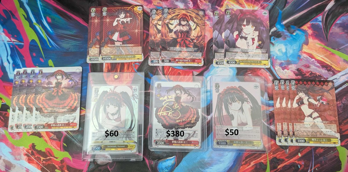 Exiled47's tweet photo. @NewAgeCardKings Kurumi Sale!! Prices for individual pictured or $430+ free US shipping for all will include the extras. #weissschwarz #kurumi https://t.co/Xyl4YWyE7I