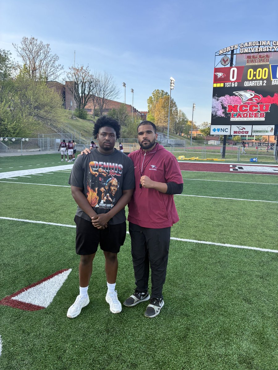 Had a great time visiting <a href="/NCCU_Football/">NC CENTRAL FB | 🦅🏆🦅</a> spring practice. Thanks <a href="/gray_reed77/">Coach G. Reed</a>