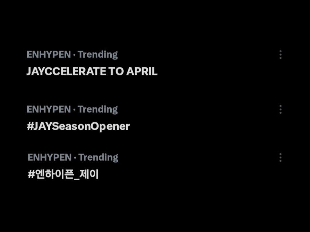 PJAY_BR's tweet photo. 📈 TRENDING | 260401

Our tagline and Jay’s hashtag are trending. Hope you’re having a lovely day! 💞

Don’t forget to keep the hype going—use the tags below for #JAYPRIL2026!

JAYCCELERATE TO APRIL
#JAYSeasonOpener
#ENHYPEN_JAY #엔하이픈_제이
@ENHYPEN @ENHYPEN_members https://t.co/EnYS7V0dEo