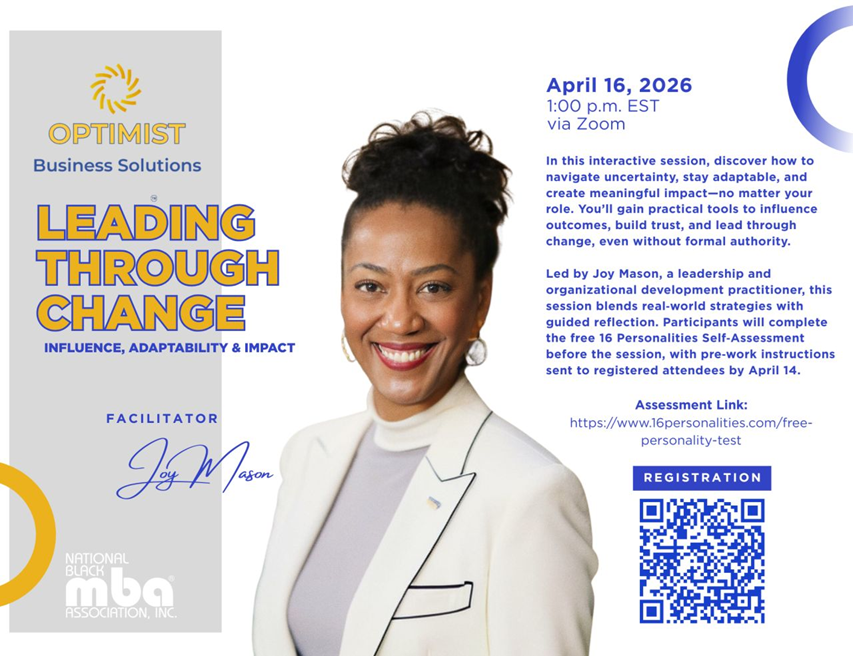 indyblackmba's tweet image. Join the @nbmbaahq for #LeadingThroughChange on 4/16 at 1pm ET on Zoom. This session will be facilitated by Joy Mason, Founder of Optimist Business Solutions. RSVP by scanning the QR code or at lnkd.in/ehazvY_D.

#NBMBAA #nbmbaaevents #nbmbaaindy #events