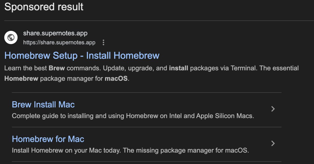 Unit42_Intel's tweet image. Ongoing #macOS #malware campaign target users searching for Homebrew on Mac with malicious ads, tricking them with fake install commands. The script fingerprints the device and deploys SHub Stealer to steal wallets &amp;amp; passwords. New C2 domains appear daily: bit.ly/3OdEeej