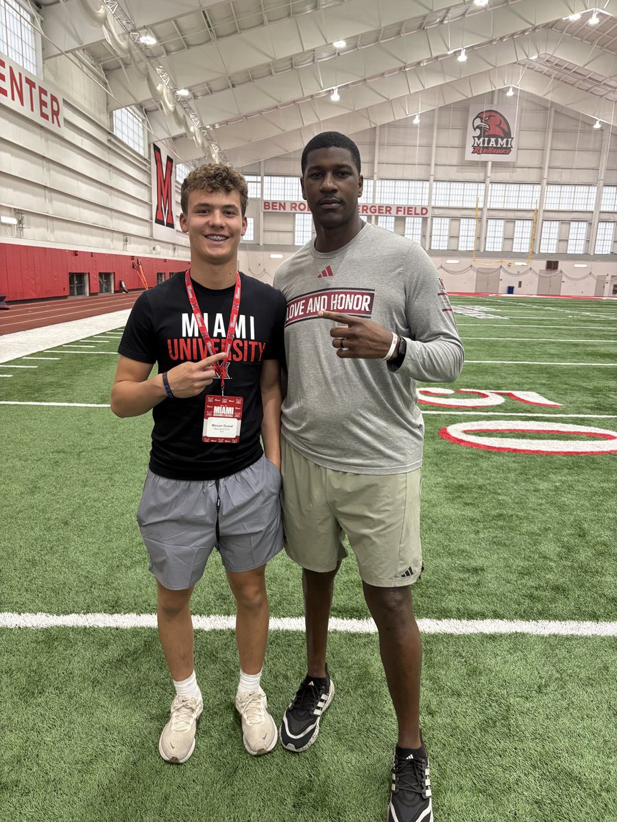 MasonDowd2030's tweet photo. I had a great spring practice visit at Miami University. Thank you @coachjtims, @ldavenport88 @drew15martin @Coach_Hud4 for the camp invite.  Looking forward to competing this summer!

@THE_OhioPlayers @Crook36 @CoachShanefelt @IndianaPreps @Bryan_Ault https://t.co/Rcx7dWRRIF