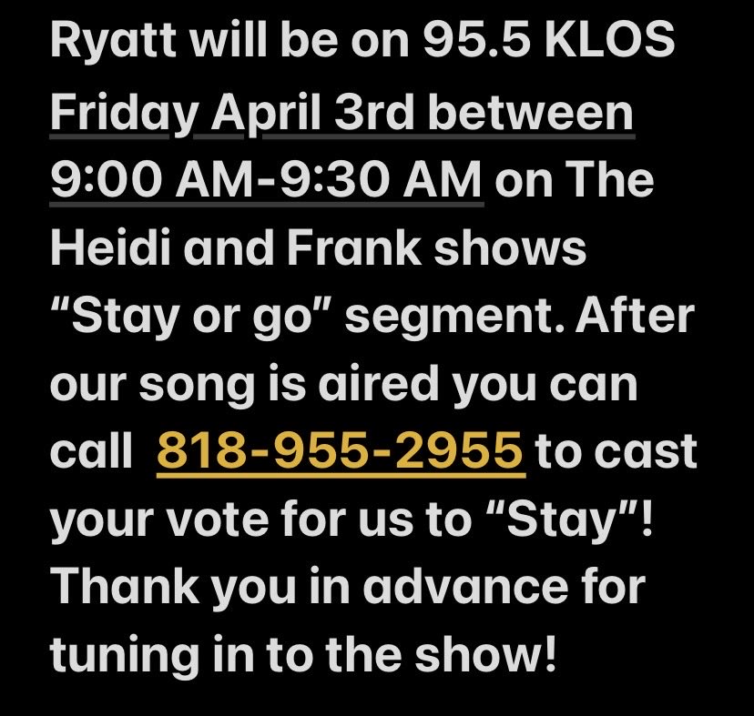 Ryatt_Band's tweet photo. @955KLOS @heidiandfrank_ https://t.co/KQHDv3R1IF