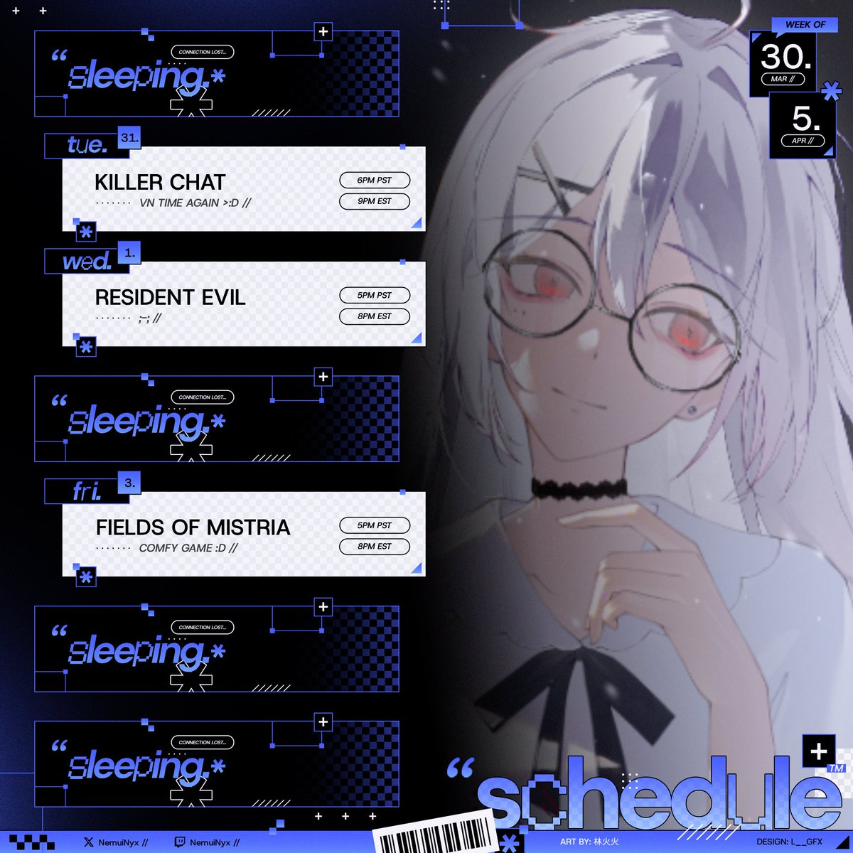 NemuiNyx's tweet photo. 💤 Weekly Schedule ‧₊˚✧

💜 : https://t.co/YjRi4V58I0
⚙️ : @/l__gfx https://t.co/qh8CqWdxDT