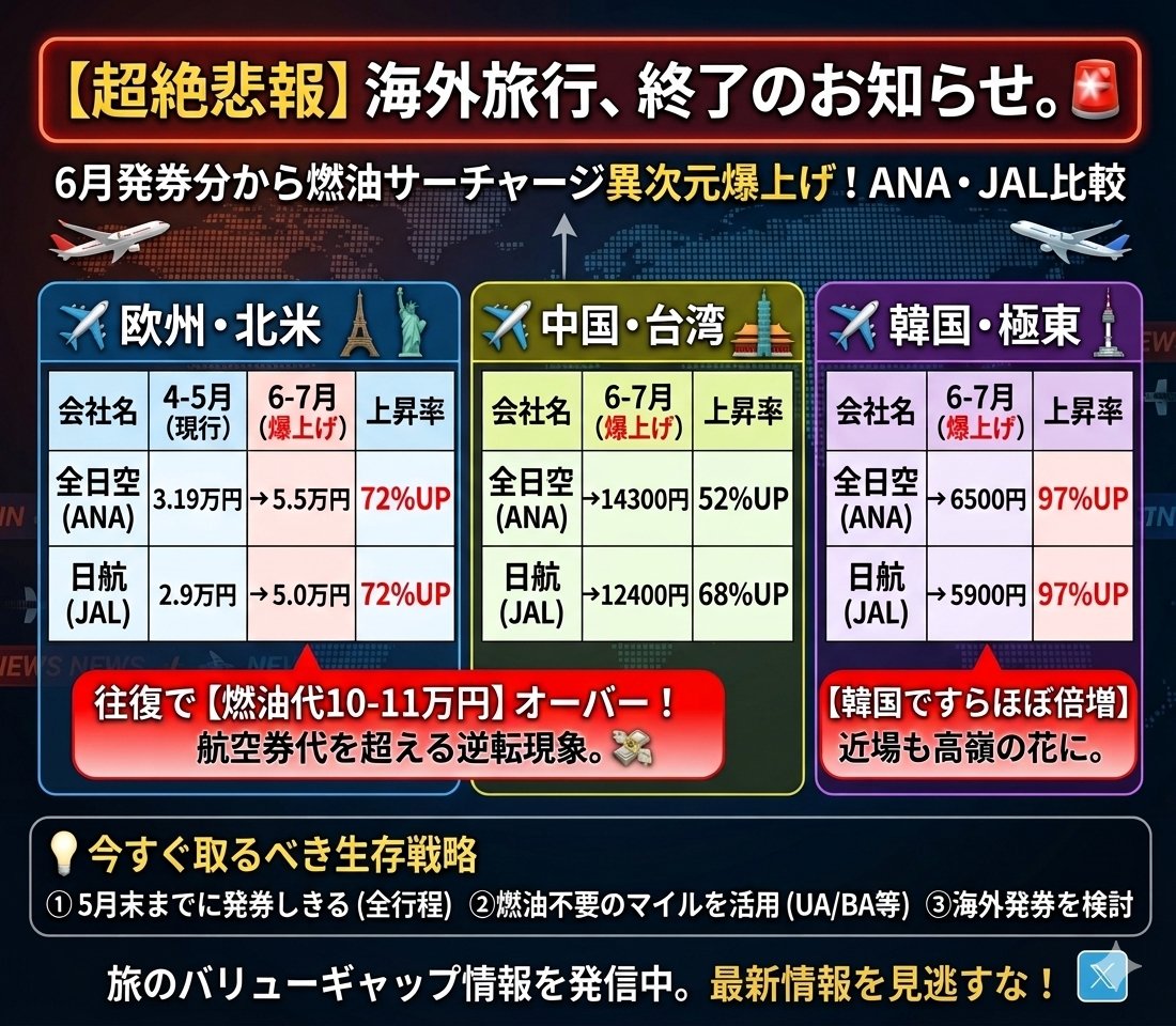 【超絶悲報】海外旅行、終了のお知らせ🚨
​ついに燃油サーチャージが「異次元の爆上げ」へ😱😱😱

6月発券分からANA・JAL共に、現在の約1.5〜2倍という絶望的な数字になります。
​また一歩、海外が遠くなって行く…😭💔
一体どこまで海外旅行のハードルが上がってしまうのか…😭😭😭

​▼