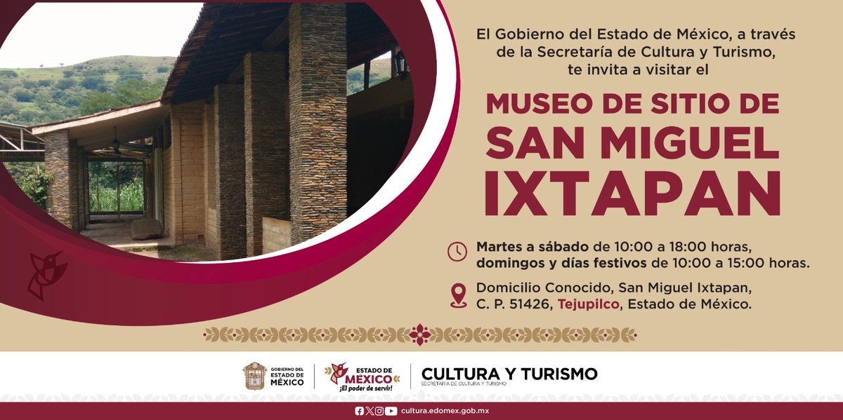 CulturaEdomex's tweet photo. Visita la Zona Arqueológica y #MuseoDeSitio de #SanMiguelIxtapan, conoce parte de los orígenes de nuestra entidad y del país. Encontrarás vestigios de la cancha del juego de pelota, esculturas, una maqueta arqueológica, piezas del periodo epiclásico y más.
#ElPoderDeServir https://t.co/P5FaWAlSRW