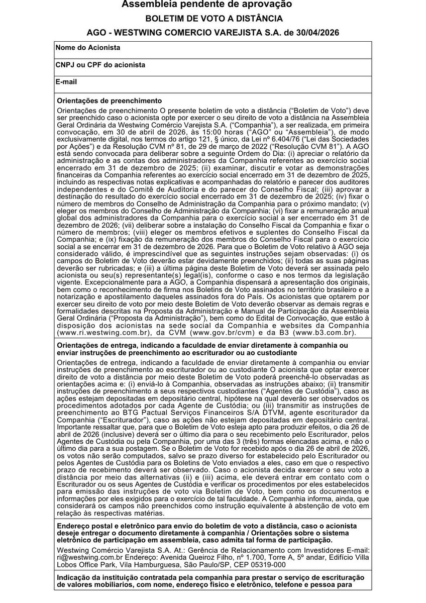 AvisosDaBolsa's tweet photo. WESTWING COMERCIO VAREJISTA S.A. - Boletim de Voto à Distância AGO 2026 #WEST3 https://t.co/HOvWb3NGAd