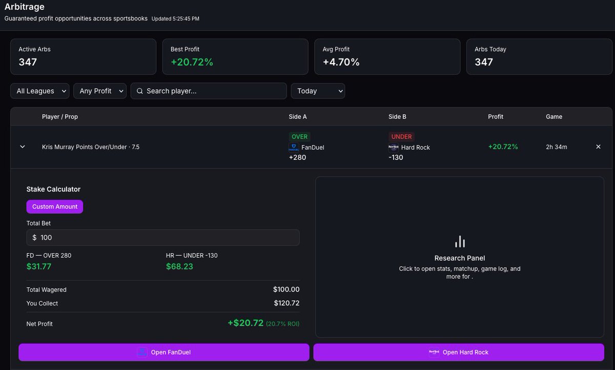 its_david_kuo's tweet photo. 🚨 Breaking: New on DMP - Arbitrage & Middles detection 

We scan 20+ sportsbooks every 2 min to find:

Arbs: guaranteed profit across books
Middles: line gaps where both bets can win

Unlike other tools, we score every middle using our projection model — only showing you the ones worth
taking.

#GamblingX #GamblingTwitter #GamblingCommunity #PlayerProps #MLB #NBA #NFL

https://t.co/rJy1VTAwra
