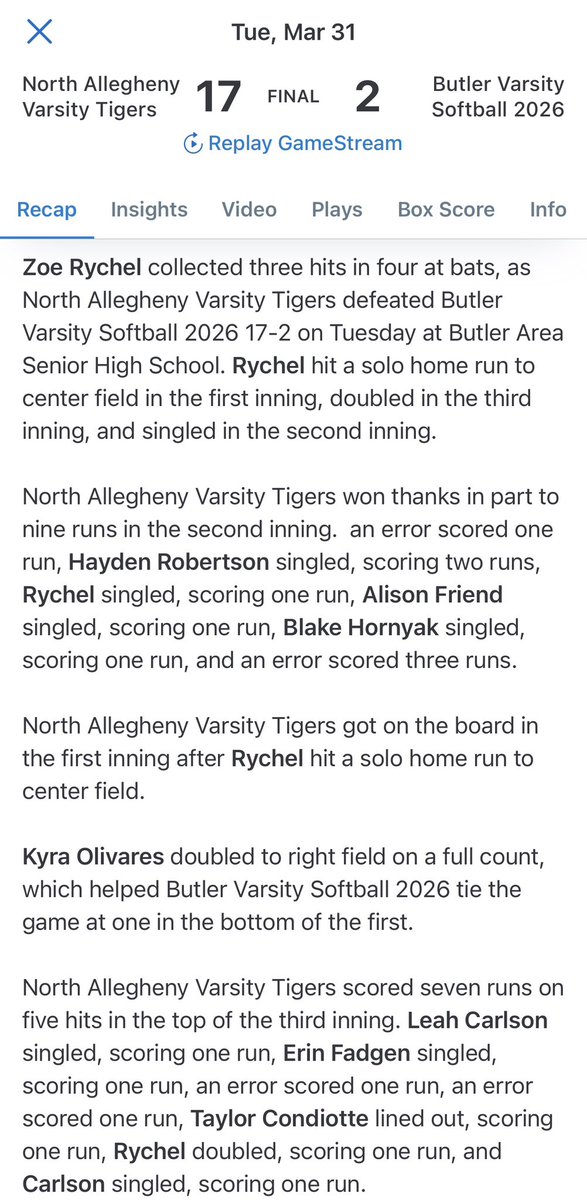 BlakeHornyak29's tweet image. Dub for North Allegheny 🐅 Tigers softball today. Great bounce back win 🖤💛🖤💛

Our bats were 🔥. Great game @zoerychel2027. 💪🏼You killed it! ❤️🤍💙

I finished 1-2 with a single, RBI and a walk and scored twice.

Tomorrow Pine Richland if no ⛈️

#classof2029 #softball