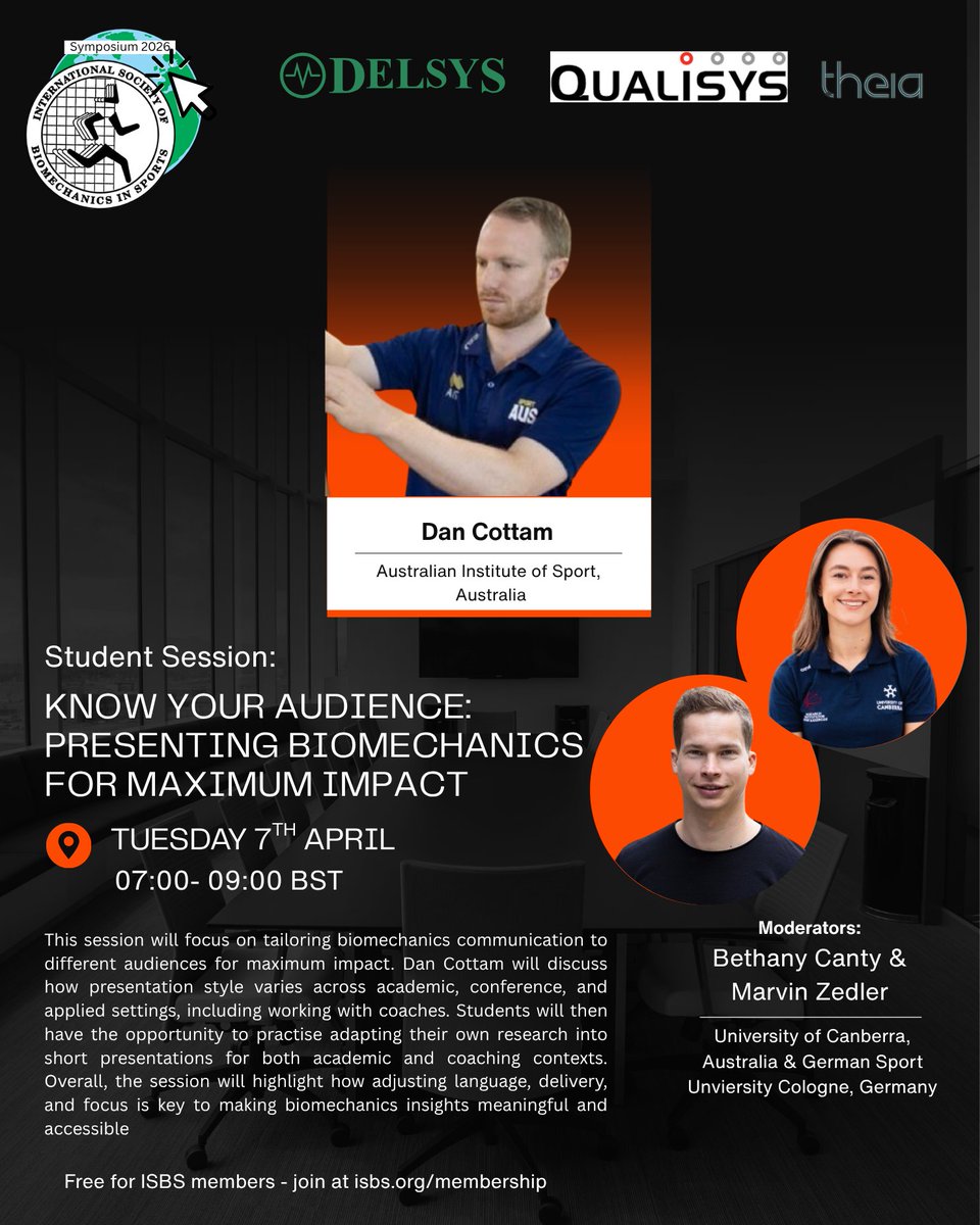 ISBSOFFICIAL's tweet photo. Know Your Audience: Presenting Biomechanics for Maximum Impact

📅 7 April | 🕖 07:00–09:00 BST

Join this ISBS Online Symposium 2026 session with Dan Cottam.

Free for ISBS members.

#ISBS #Biomechanics #StudentSession https://t.co/hFWQW3OcAz