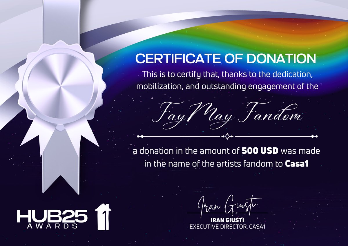 PT: Um montante no valor de 500 USD foi doado em nome do Fandom de #FayMay para a Casa1, ONG LGBTQIAP+ que acolhe jovens expulsos de suas casas por serem queer.

O certificado validado com a assinatura do Diretor da Casa1, Iran Giusti, está disponível aqui: