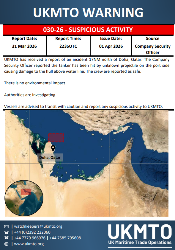 UK_MTO's tweet photo. UKMTO WARNING 030-26

Click here to view the full warning.⤵️
https://t.co/5ecC6i60IX

#MaritimeSecurity #MarSec https://t.co/nRGJzoFkIG