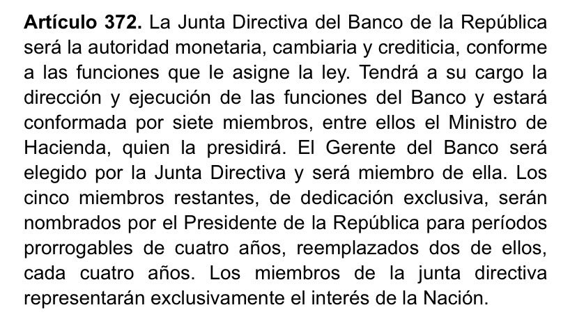 jarodriza's tweet photo. Los miembros de la Junta Directiva del Banco de la República pueden discrepar entre sí sobre la manera de conducir la política monetaria, pero -según la Constitución- la responsabilidad del Ministro de Hacienda de presidir ese organismo colegiado no es optativa. Es una obligación👇🏼