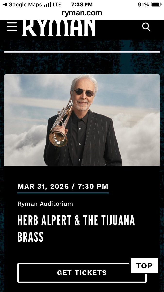 LarryWakefield's tweet photo. Looking forward for HerbAlpert @HerbAlpert at Ryman Auditorium @theryman https://t.co/e4UvbRKAtc