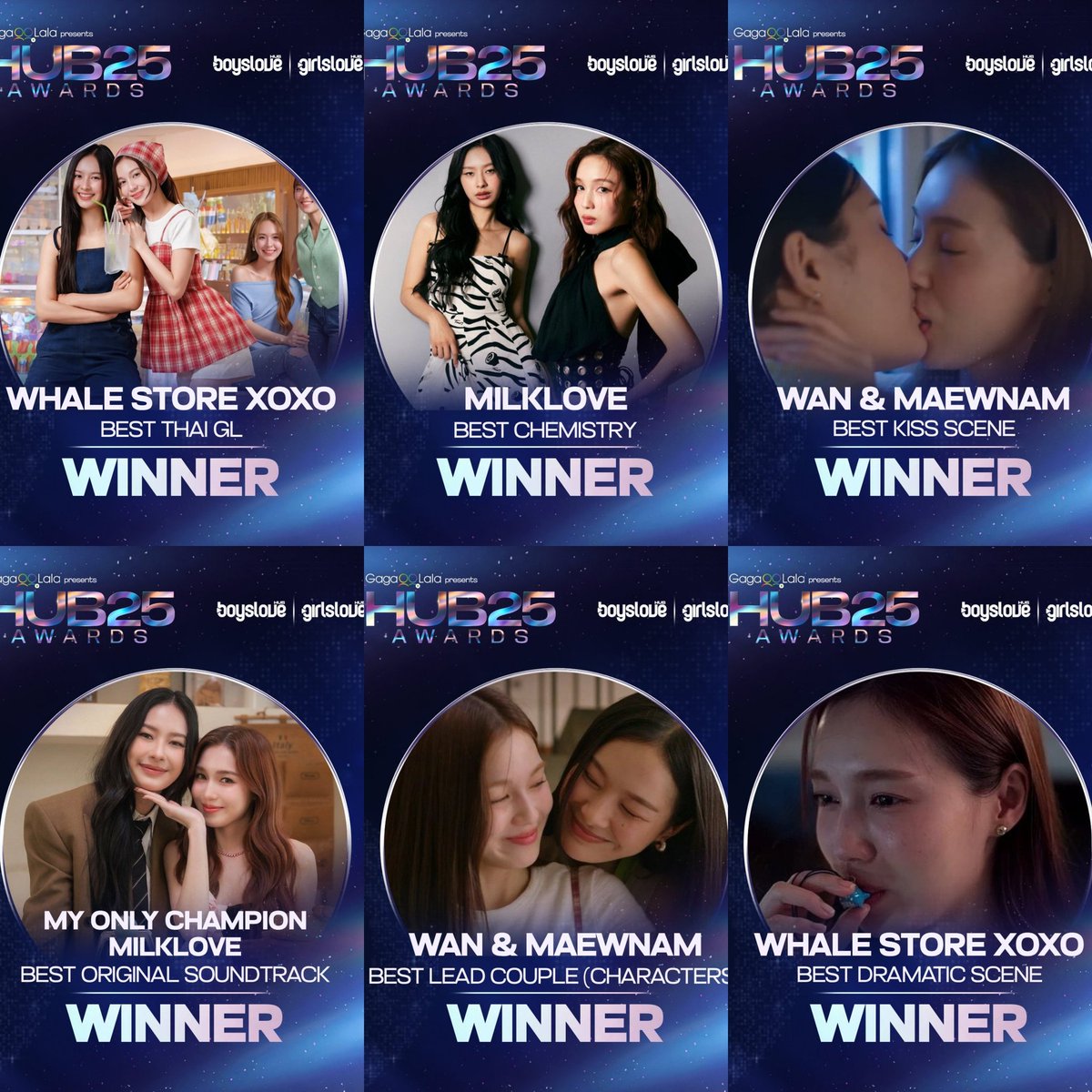 #MilkLove wins on #HubAward 

▫️Best Thai GL: #WhaleStoreXoxo
▫️Best Chemistry: #MilkLove
▫️Best Kiss Scene: Wan &amp; Maewnam
▫️Best OST: My Only Champion 
▫️Best lead couple: Wan &amp; Maewnam
▫️Best dramatic scene: #WhaleStoreXoxo