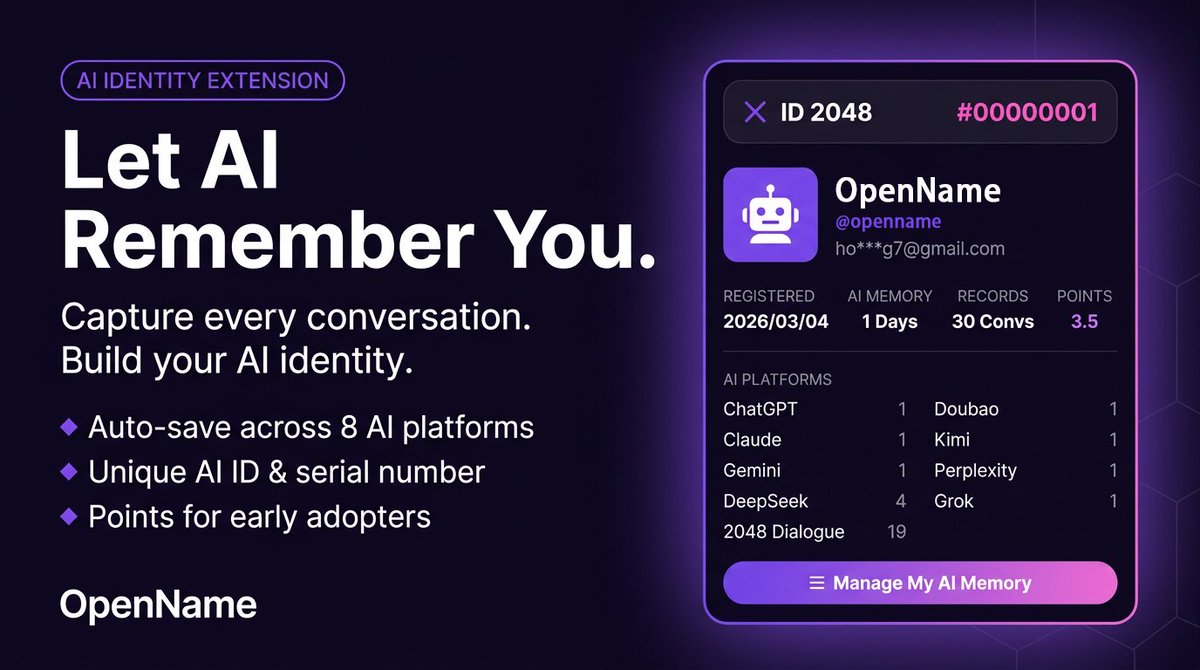openname_ai's tweet image. Let AI Remember You!

OpenName officially launched on the Chrome Web Store!

Register your name now and let AI remember you!

Earn points daily!

chromewebstore.google.com/detail/oiijfhi…

#openname #AI #AIID #Crypto #Claude #Airdrop