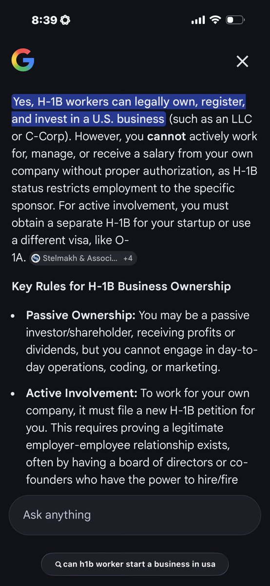 ManjunathMaram's tweet photo. @SaraGonzalesTX @SaraGonzalesTX Contrary to your argument any non immigrant resides in USA  —including an H-1B holder—can start and own a business. However, they cannot work for or receive a salary from that business. So technically h1b worker can own, also work if the company can sponsor h1. https://t.co/lCYeofFfi4