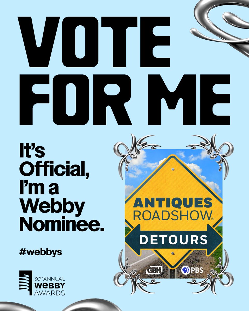 RoadshowPBS's tweet photo. We are thrilled to announce that ANTIQUES ROADSHOW DETOURS is a The Webby Awards nominee in the "Podcasts - Arts &amp; Culture" category! You can show us some love and vote DETOURS for the fan-decided "People’s Voice Award" now:  https://t.co/a0q4vnIKmI! https://t.co/ZatvYsxBKO