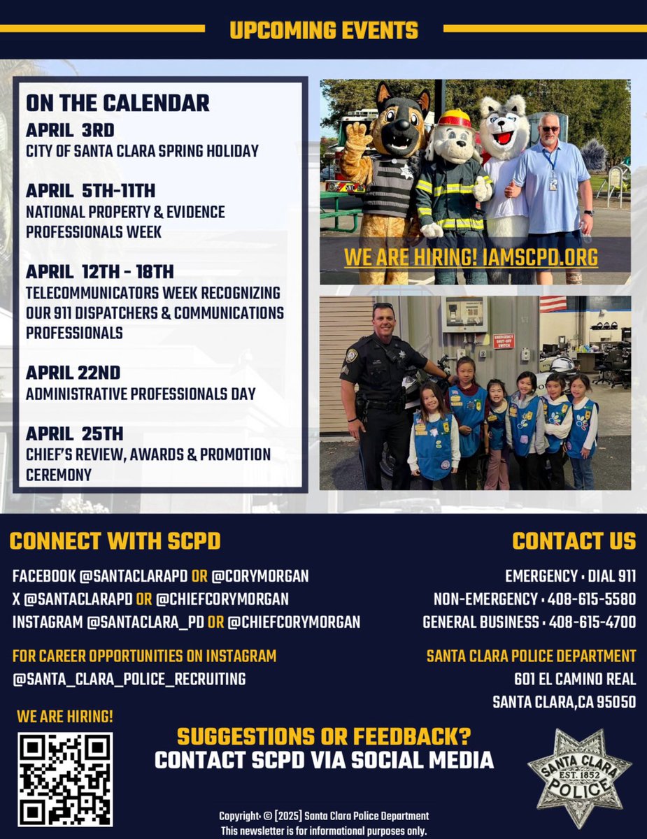 The Mission, March edition! Check out Chief’s Corner, meet one of our officers, stay informed on this month’s crime activity, &amp; see how we’re investing in our people, engaging with our community and working every day to keep Santa Clara safe. Read it here: bit.ly/4bX6xWl
