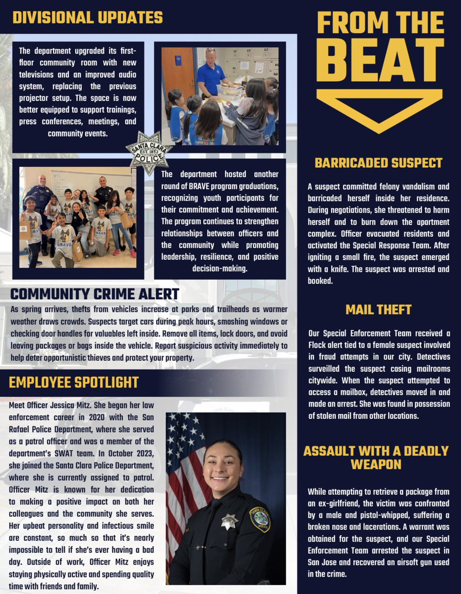 SantaClaraPD's tweet photo. The Mission, March edition! Check out Chief’s Corner, meet one of our officers, stay informed on this month’s crime activity, &amp; see how we’re investing in our people, engaging with our community and working every day to keep Santa Clara safe. Read it here: https://t.co/awO5NQ6Oes https://t.co/VnRkEfd10A