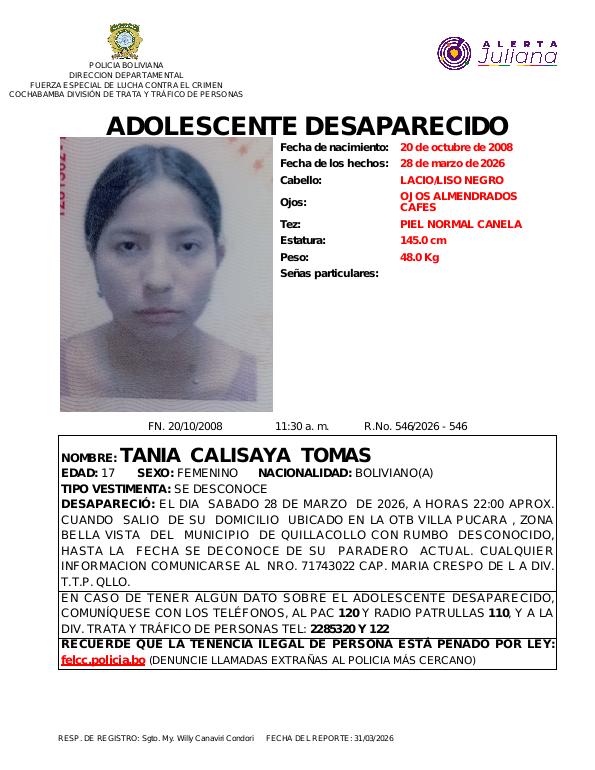 AlertaJuliana's tweet photo. ¿Has visto a esta persona? Ayuda a la Policía encontrarla.
Nombre: TANIA  CALISAYA  TOMAS
Edad: 17.0 años
Última vez vista en: VILLA PUCARA , ZONA BELLA VISTA FRENTE A LA SEDE DE VILLA PUCARA  DEL  MUNICIPIO  DE QUILLACOLLO, Cochabamba
#AlertaJuliana #PersonaDesaparecida https://t.co/KvwSZquZzP