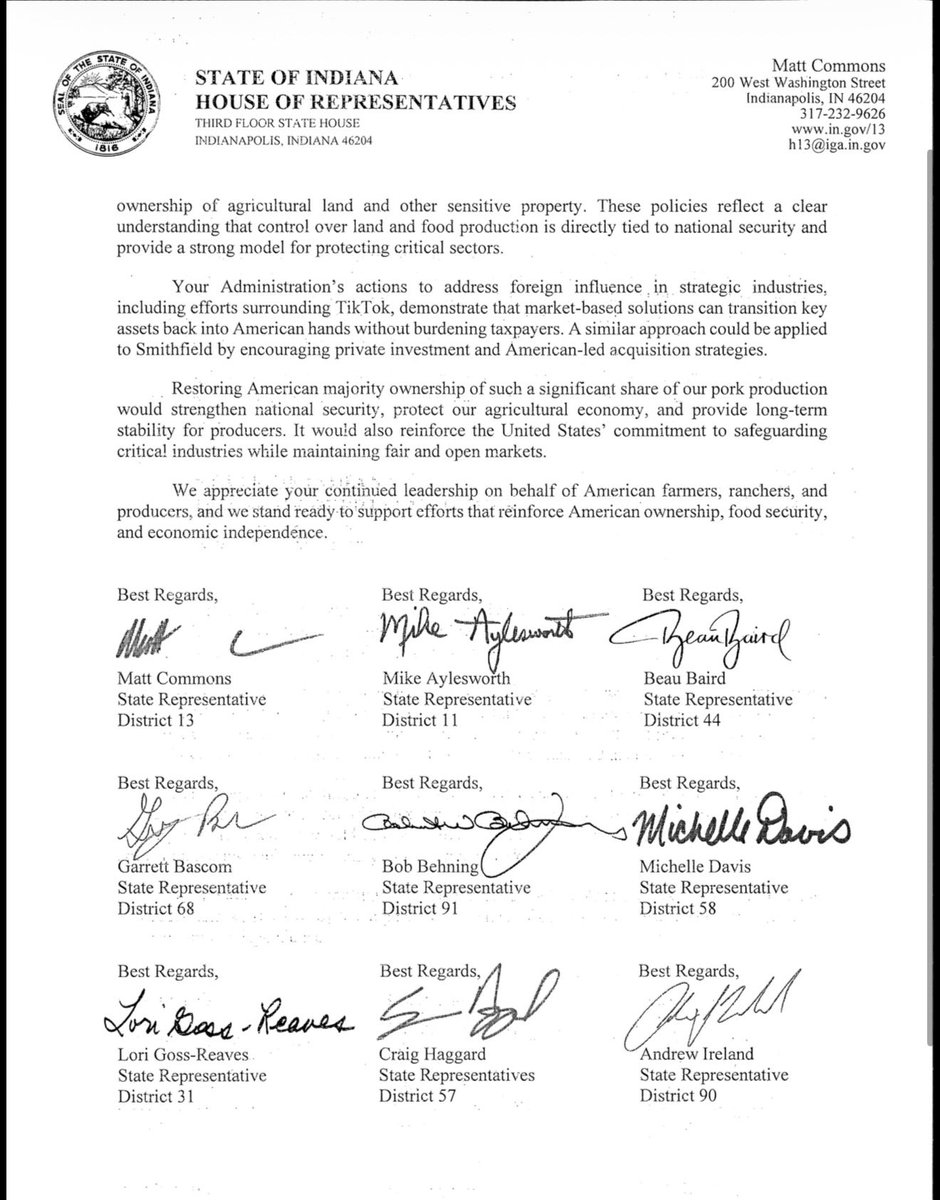 matt_commons's tweet photo. Yesterday, I joined 21 fellow Indiana House Representatives in urging @realDonaldTrump and @SecretaryRollins to prioritize American majority ownership of Smithfield Foods.
Food security is national security. We must protect our pork industry, support Hoosier farmers, and reduce foreign control over critical U.S. food supply chains. 🇺🇸

@StateShieldUSA @Michael7ucci @Jim_Banks @LenczyckiPhilip @Adam_Savit @A1Policy