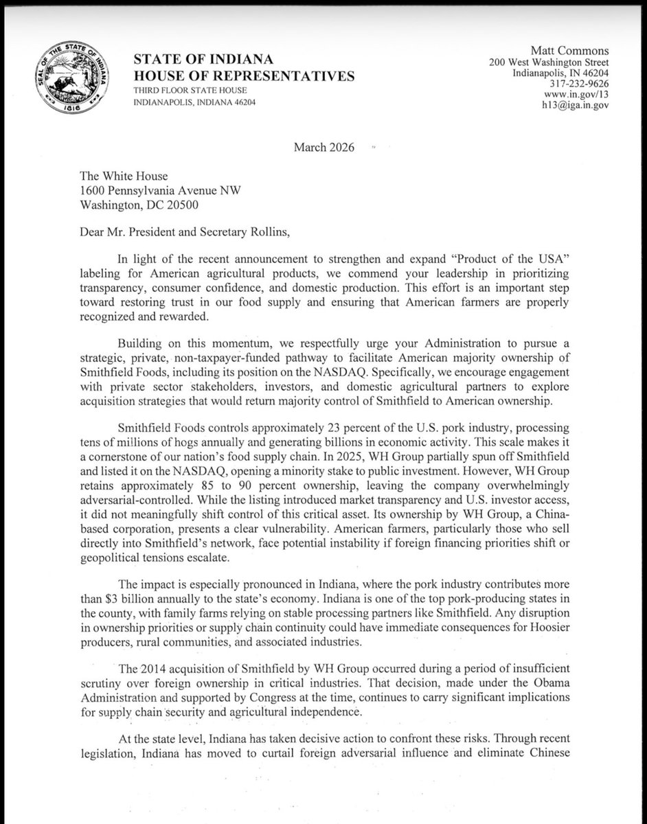 matt_commons's tweet photo. Yesterday, I joined 21 fellow Indiana House Representatives in urging @realDonaldTrump and @SecretaryRollins to prioritize American majority ownership of Smithfield Foods.
Food security is national security. We must protect our pork industry, support Hoosier farmers, and reduce foreign control over critical U.S. food supply chains. 🇺🇸

@StateShieldUSA @Michael7ucci @Jim_Banks @LenczyckiPhilip @Adam_Savit @A1Policy