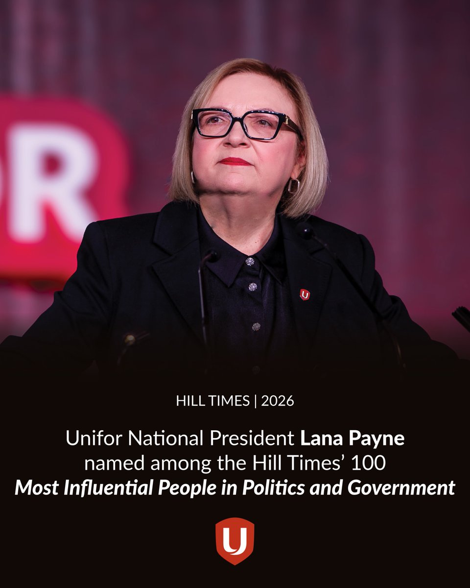 UniforTheUnion's tweet photo. Unifor National President @LanaMPayne has been named one of @TheHillTimes Top 100 Most Influential in Government &amp; Politics. 

Lana is a powerful voice for workers when industrial policy, energy, and manufacturing jobs are front-and-centre priorities.

Congrats, Lana! https://t.co/jLnMm9kGaW