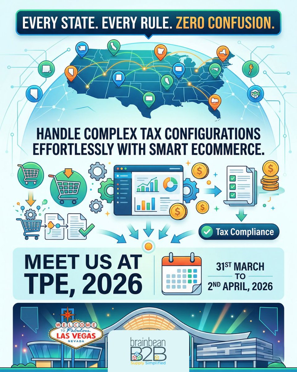 BrainbeanB2B's tweet image. Join us at the Las Vegas Convention Centre for TPE 2026 and see how we turn tax hurdles into a seamless checkout experience.

#TPE2026 #eCommerceSolutions #TaxCompliance #SmartBusiness #LasVegasEvents #brainbeantechnolabs #RetailTech