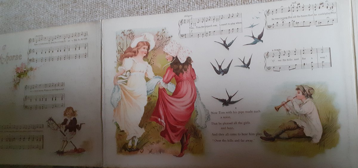 RealPreCinema's tweet image. Sourced through AbeBooks and directed there with thanks from Jo at Vintage Pop Up Books vintagepopupbooks.com, are the first four panels of Dean and Son’s Musical Nursery Rhymes Panorama Series. 

This child’s floor Panorama was 9.8 feet long when unfolded. 

Each panel was