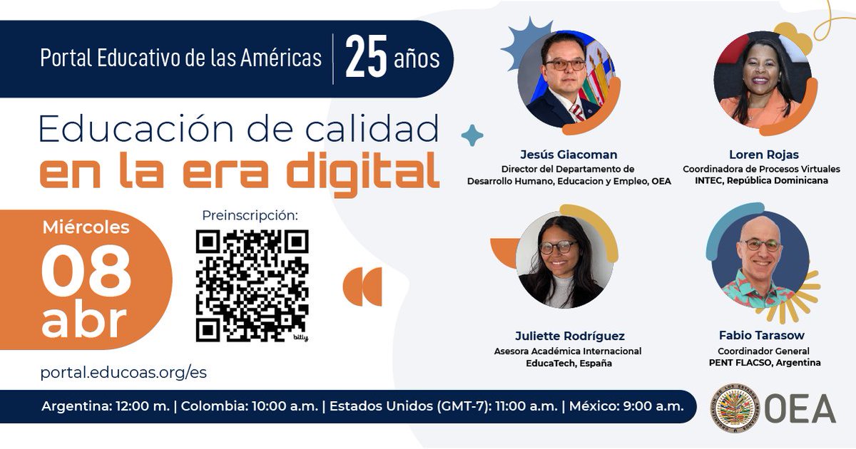 OEA_Desarrollo's tweet photo. ¿Cómo avanzamos hacia una educación digital inclusiva en América Latina y el Caribe? 🧑‍💻👩‍💻 Descúbrelo en nuestro webinar especial por el 25.º aniversario del Portal Educativo de las Américas @educoas.

📅 8 de abril 🔗 Reserva tu lugar👇https://t.co/8R3I3DHrk5 https://t.co/E5BjPiNICh