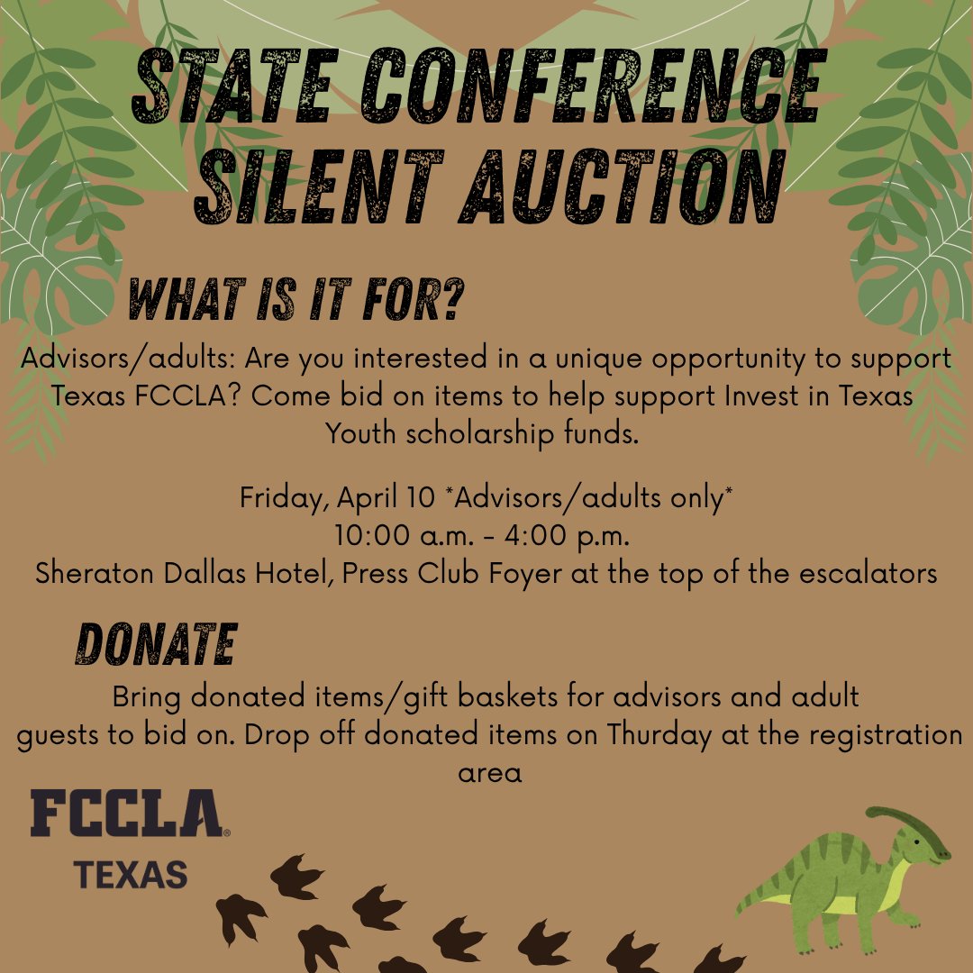 TexasFCCLA's tweet photo. Attention advisors! Don’t miss the Silent Auction at the State Leadership Conference, supporting our Invest in Texas Youth scholarship fund. Bring an item to donate and place your bids! #TexasFCCLA #TexasFCCLASLC2026 #RoarandExplore https://t.co/So4RWTJt12
