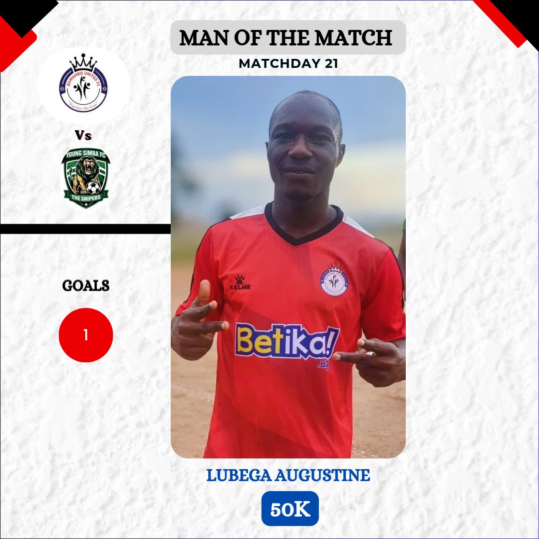 BuwamboUnitedFC's tweet photo. Our #MOTM for #Matchday21 is #LubegaAugustine who takes the (50k Prize).

Excellent defending and a goal that secured our late victory.
 Congs #Augustine ☺️🤝
Buwambo United vs Young Simba. https://t.co/1DLuJRbzEg